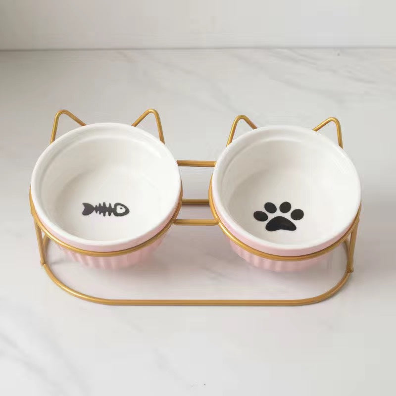 Ceramic Double Pet Bowl Tall Slanted Water And Food Dish