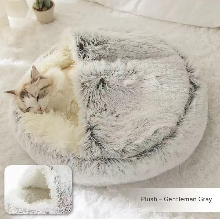 2-in-1 Pet Winter Bed Round Plush Soft Cozy Nest