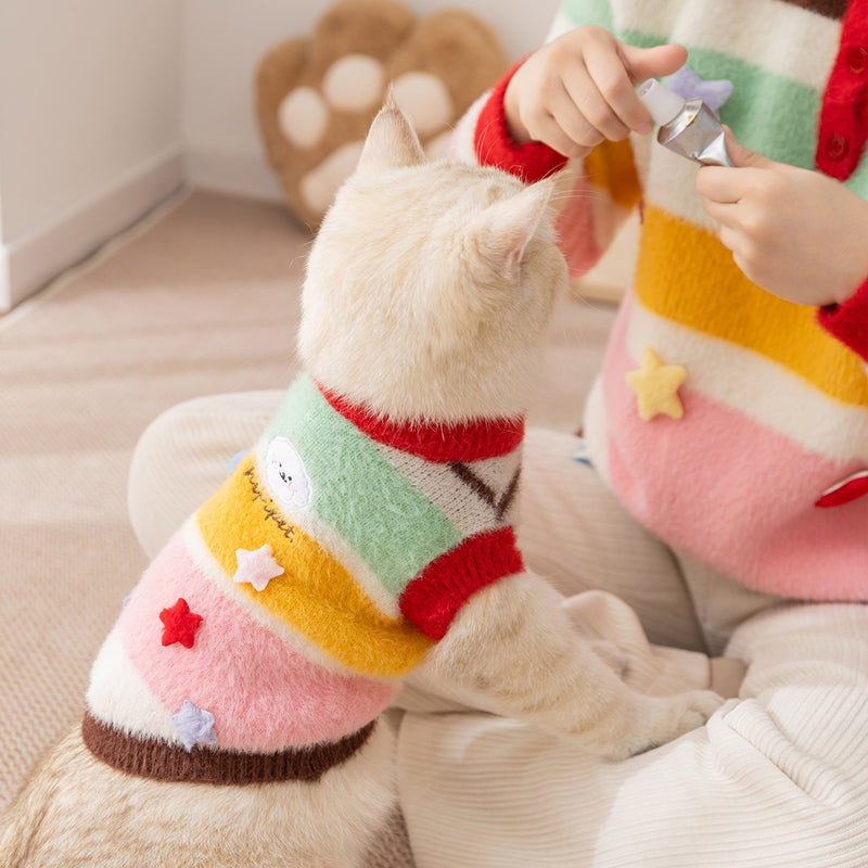 Autumn Winter Pet Cartoon Star Striped Matching Sweater Outfit