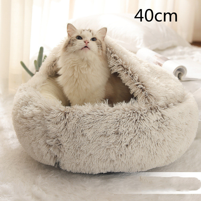 2-in-1 Pet Winter Bed Round Plush Soft Cozy Nest