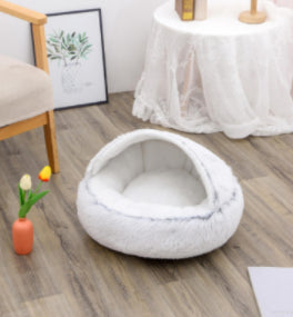 2-in-1 Pet Winter Bed Round Plush Soft Cozy Nest
