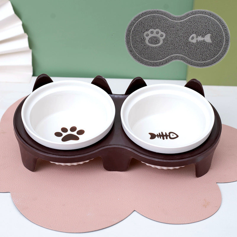 Ceramic Double Pet Bowl Tall Slanted Water And Food Dish