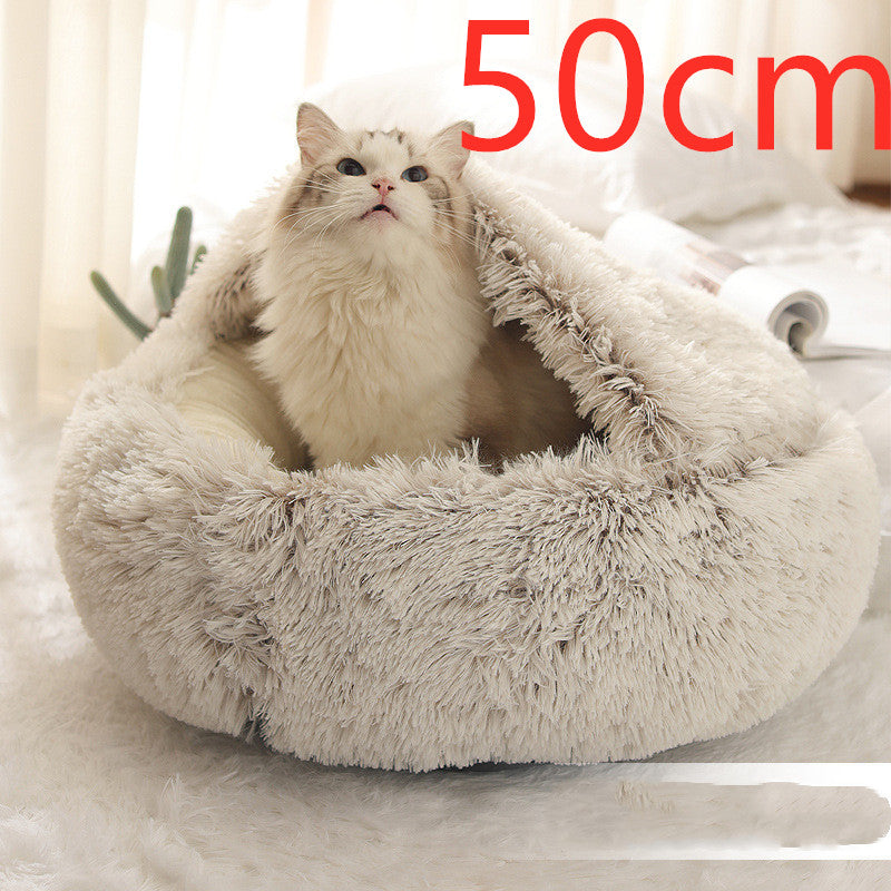 2-in-1 Pet Winter Bed Round Plush Soft Cozy Nest