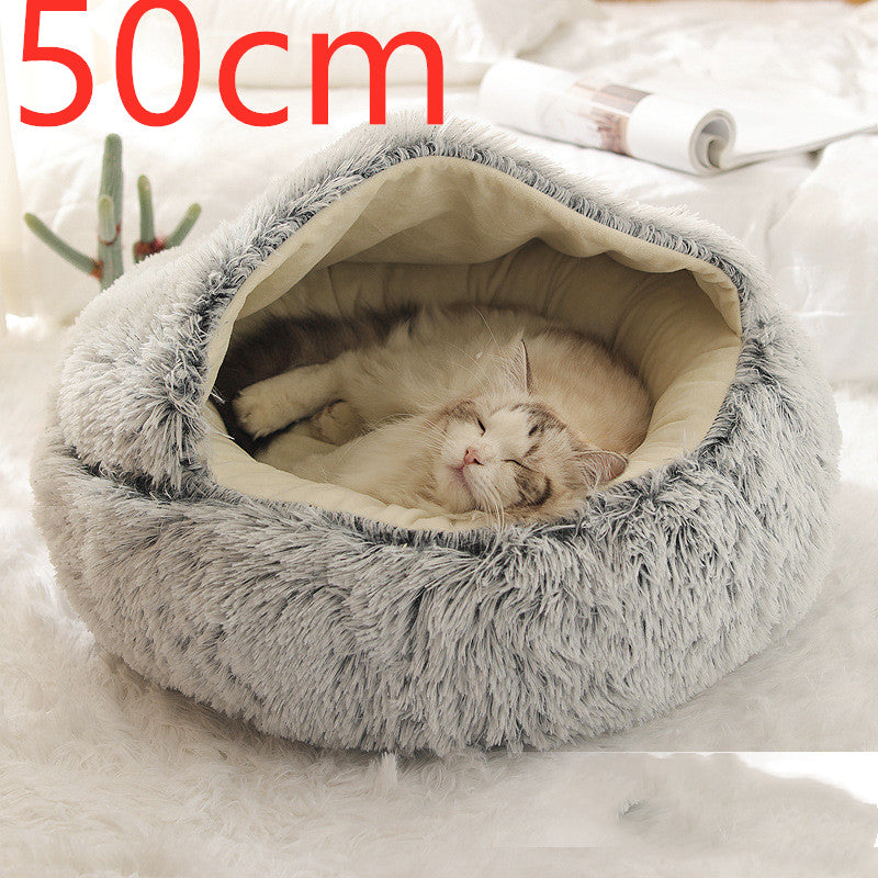 2-in-1 Pet Winter Bed Round Plush Soft Cozy Nest