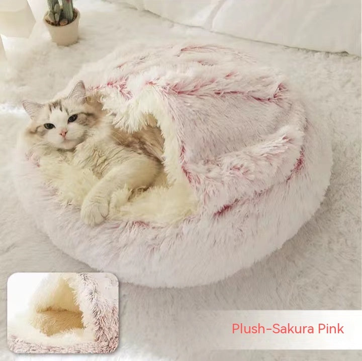2-in-1 Pet Winter Bed Round Plush Soft Cozy Nest
