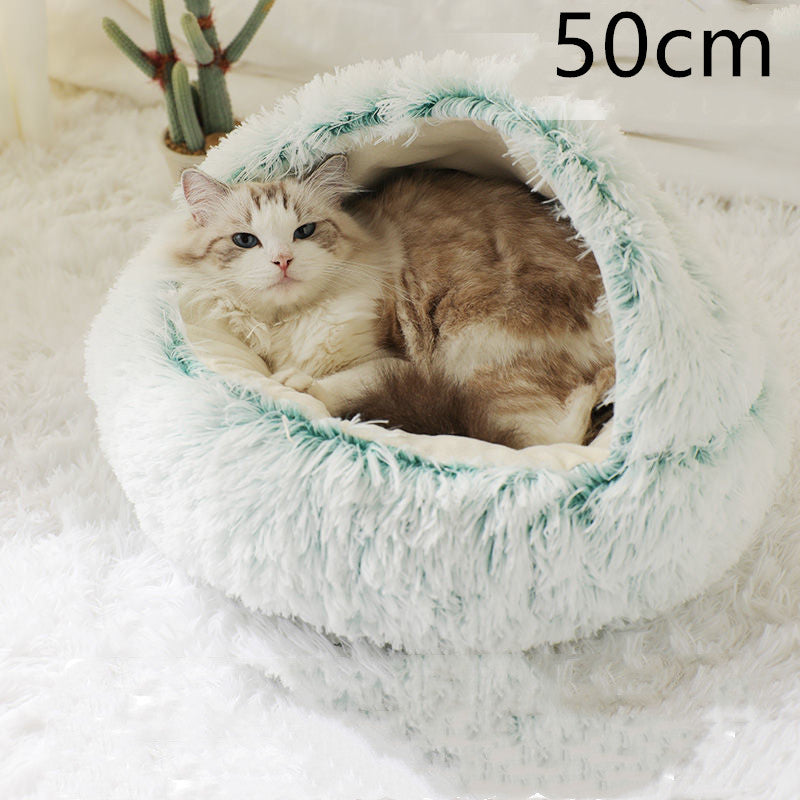 2-in-1 Pet Winter Bed Round Plush Soft Cozy Nest