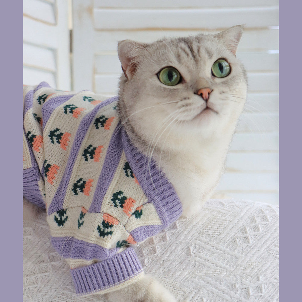 Retro Purple Flower Pet Sweater Knitted Autumn Winter Outfit