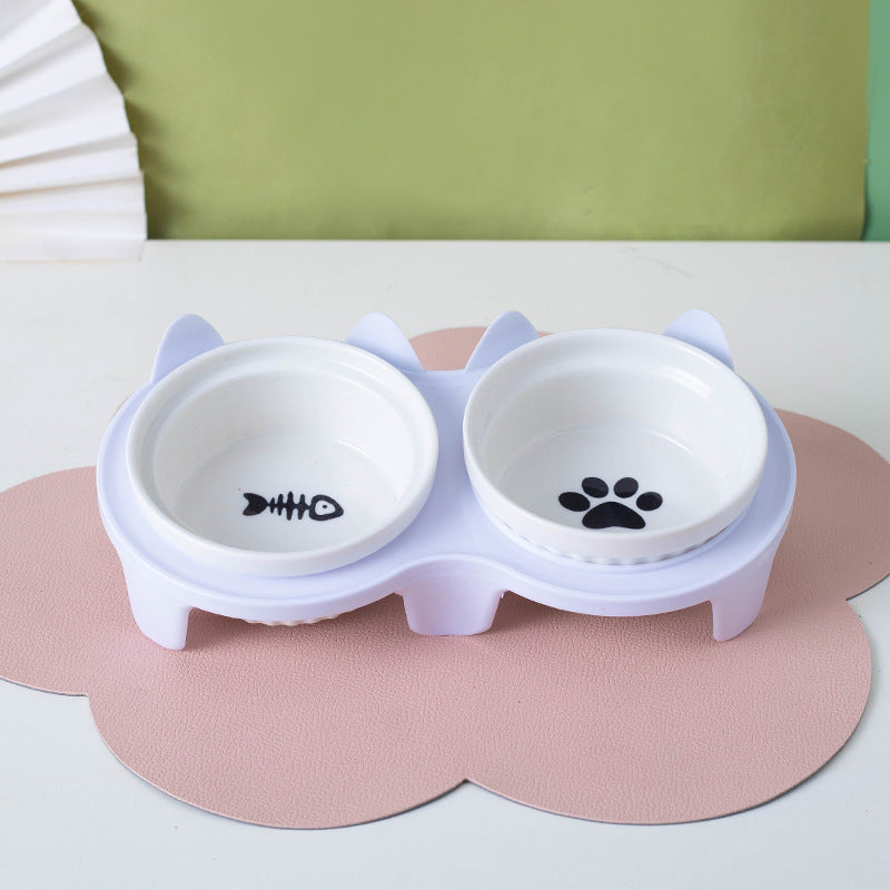 Ceramic Double Pet Bowl Tall Slanted Water And Food Dish