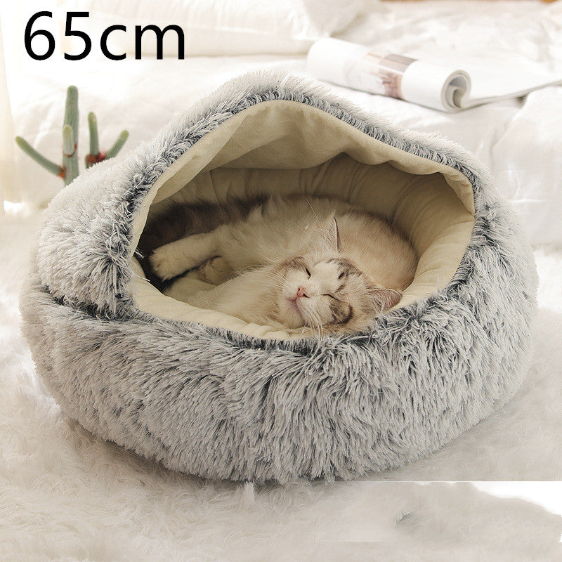 2-in-1 Pet Winter Bed Round Plush Soft Cozy Nest