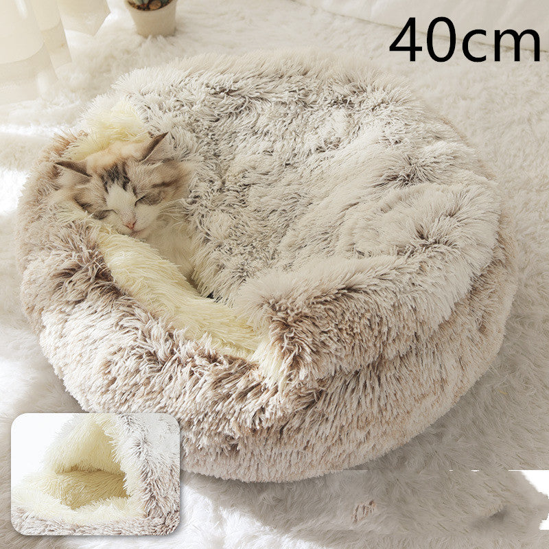 2-in-1 Pet Winter Bed Round Plush Soft Cozy Nest