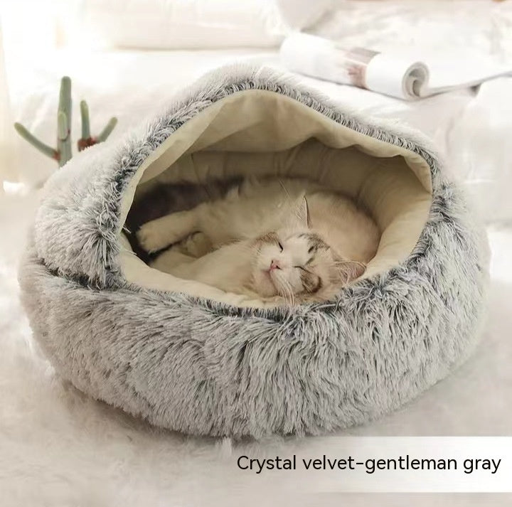 2-in-1 Pet Winter Bed Round Plush Soft Cozy Nest