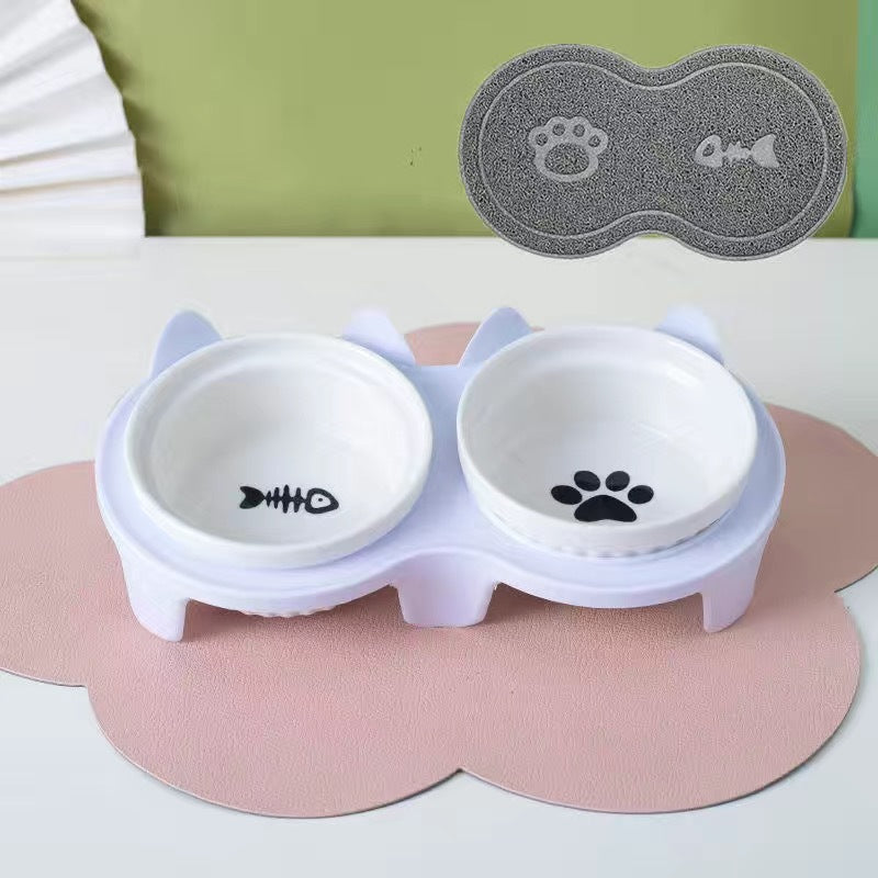 Ceramic Double Pet Bowl Tall Slanted Water And Food Dish