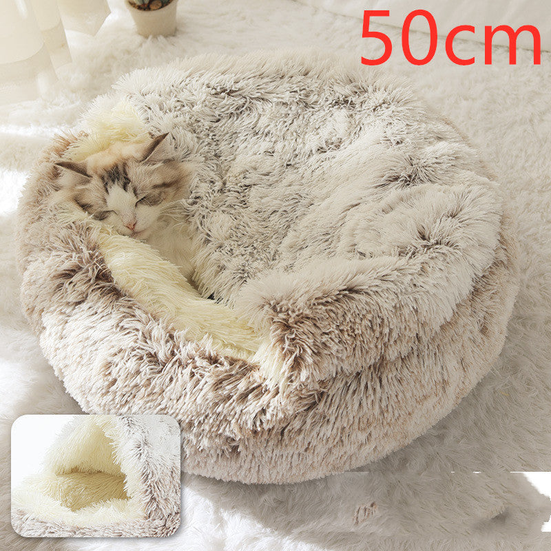 2-in-1 Pet Winter Bed Round Plush Soft Cozy Nest