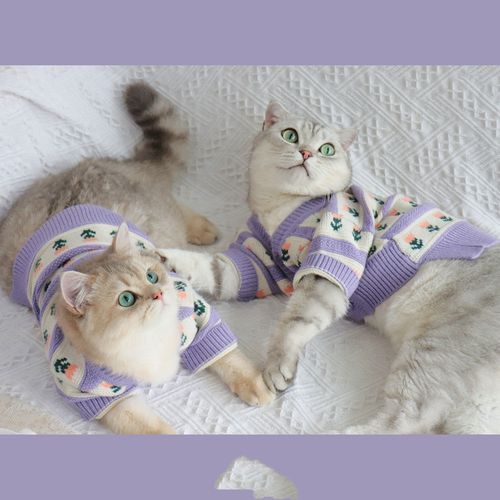 Retro Purple Flower Pet Sweater Knitted Autumn Winter Outfit
