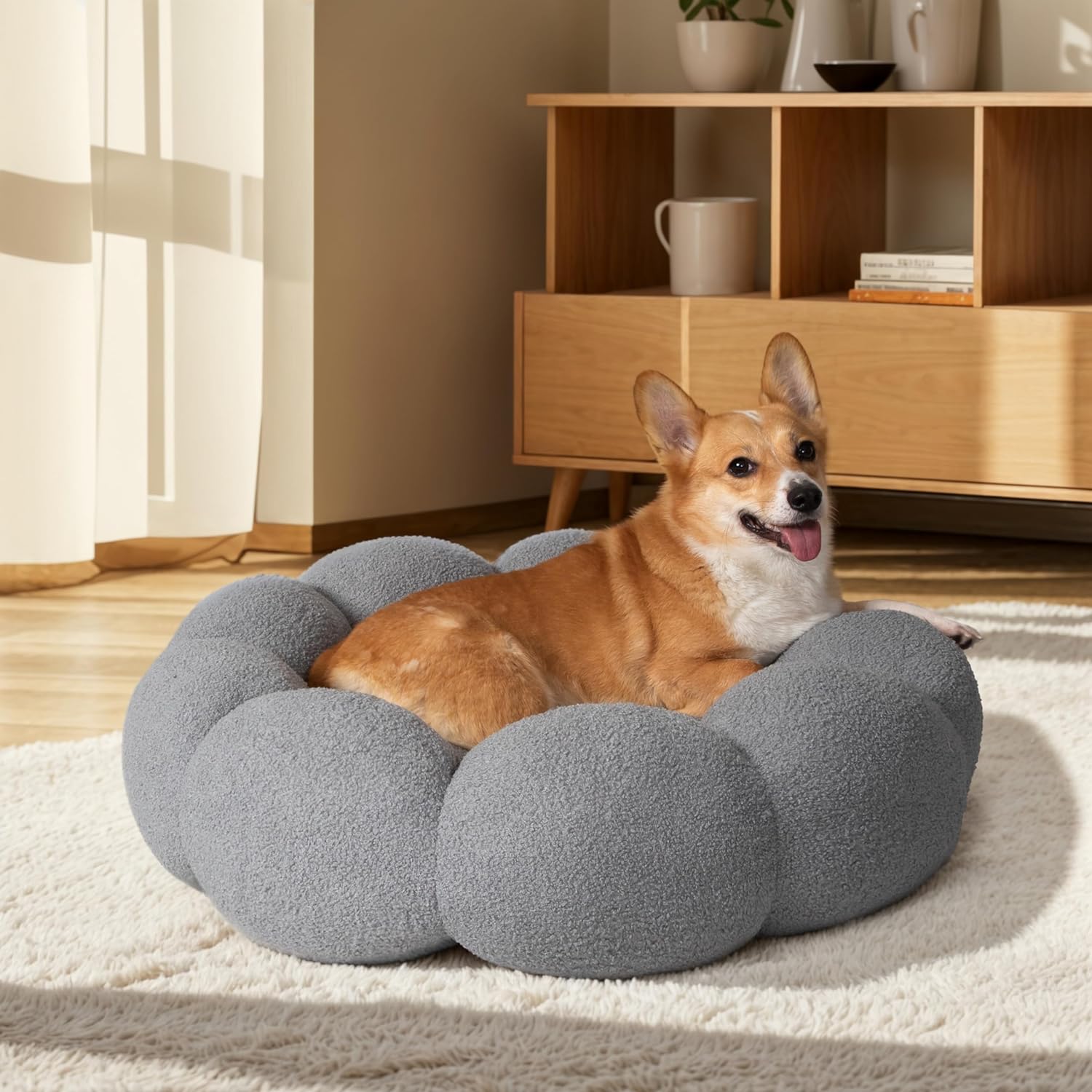 Calming Fluffy Round Donut Pet Bed Plush Cuddler Non-Slip