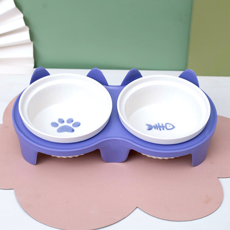 Ceramic Double Pet Bowl Tall Slanted Water And Food Dish