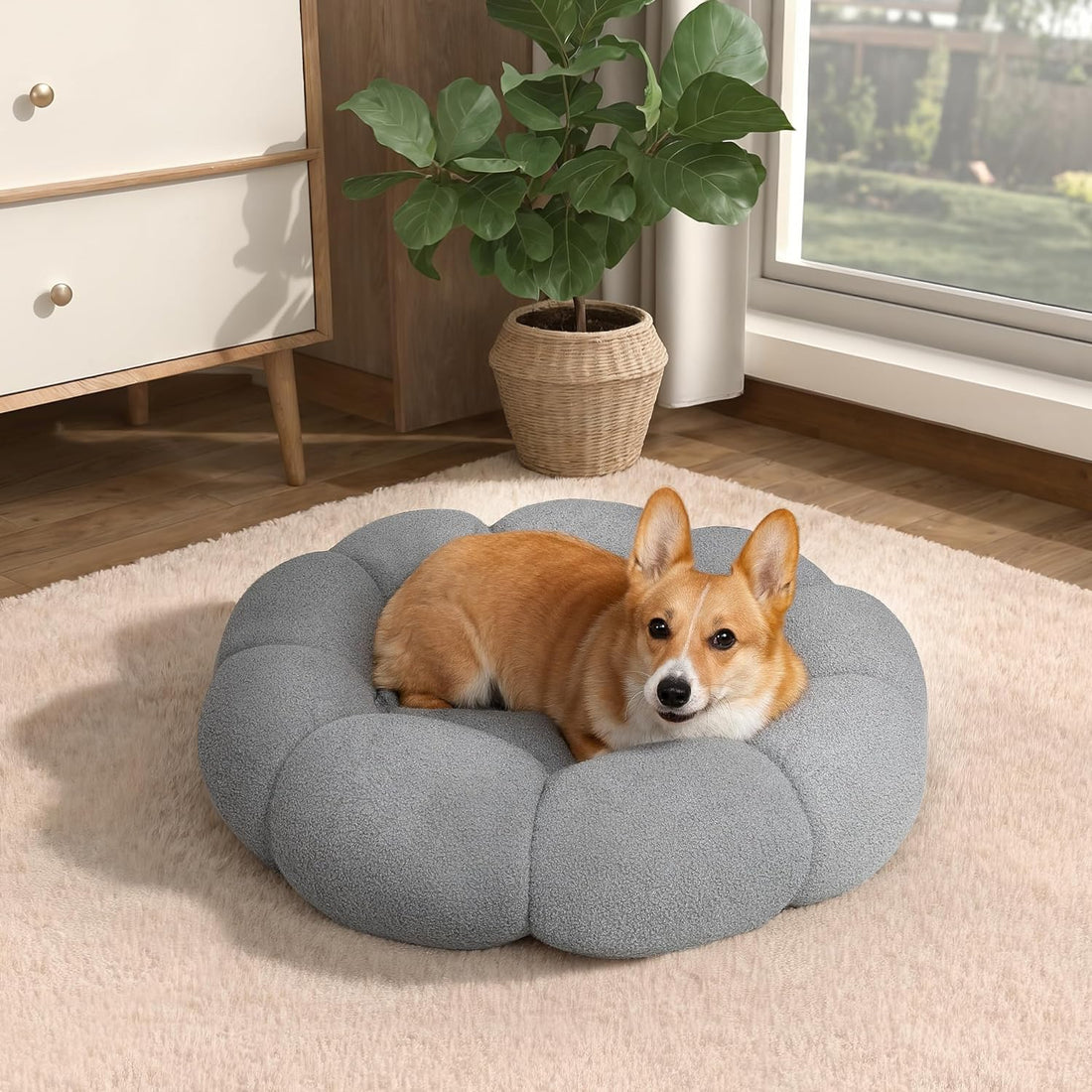 Calming Fluffy Round Donut Pet Bed Plush Cuddler Non-Slip