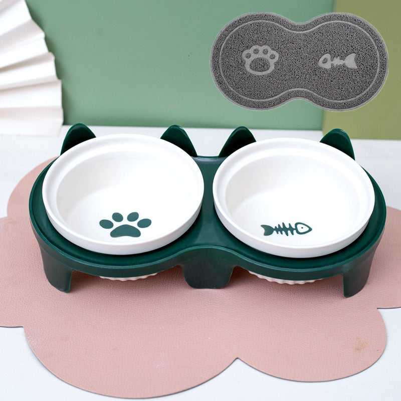 Ceramic Double Pet Bowl Tall Slanted Water And Food Dish