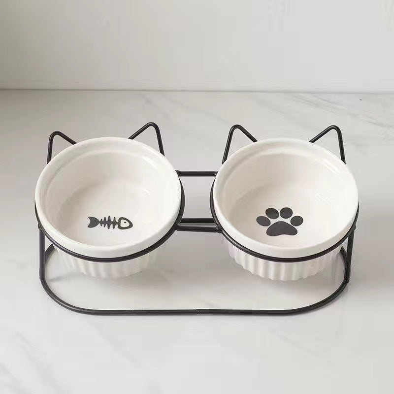 Ceramic Double Pet Bowl Tall Slanted Water And Food Dish