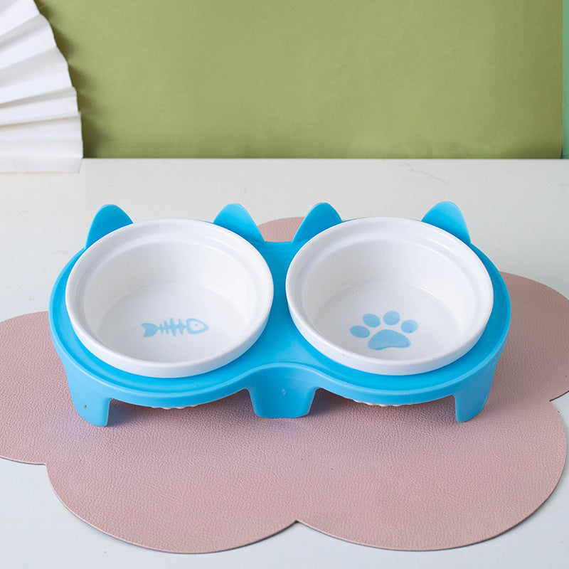 Ceramic Double Pet Bowl Tall Slanted Water And Food Dish