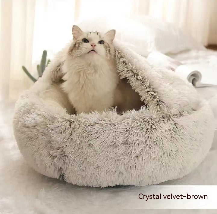 2-in-1 Pet Winter Bed Round Plush Soft Cozy Nest