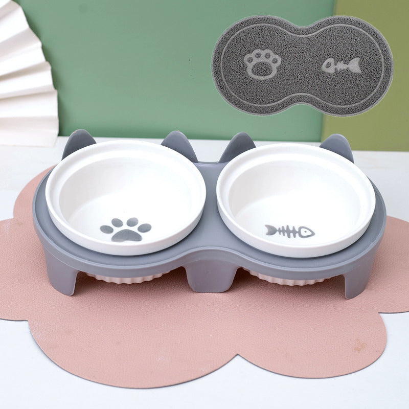 Ceramic Double Pet Bowl Tall Slanted Water And Food Dish