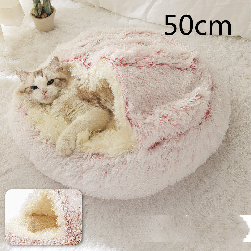2-in-1 Pet Winter Bed Round Plush Soft Cozy Nest