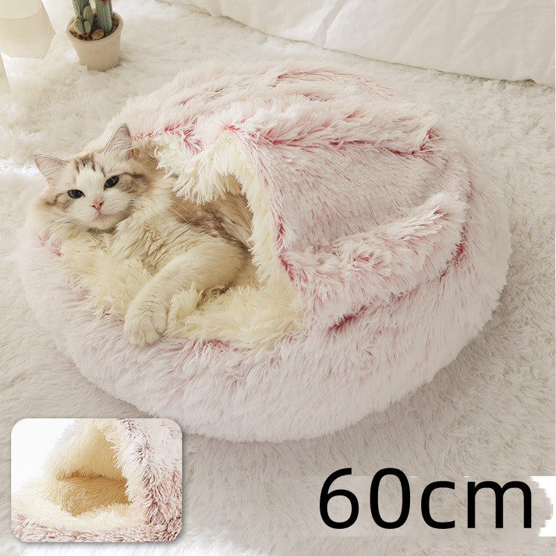 2-in-1 Pet Winter Bed Round Plush Soft Cozy Nest