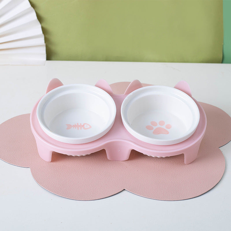 Ceramic Double Pet Bowl Tall Slanted Water And Food Dish