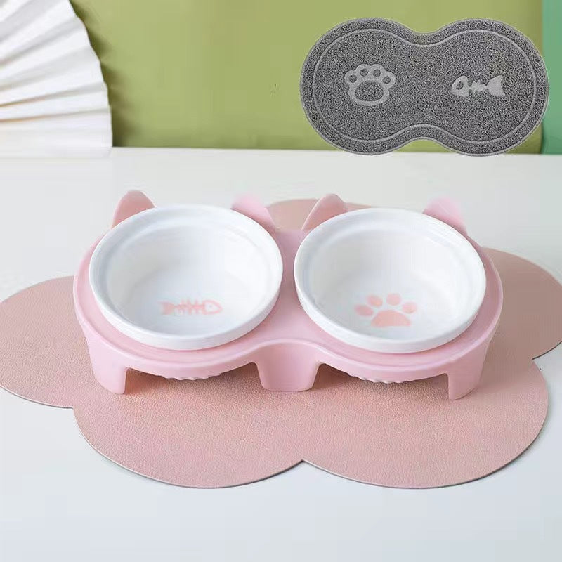 Ceramic Double Pet Bowl Tall Slanted Water And Food Dish