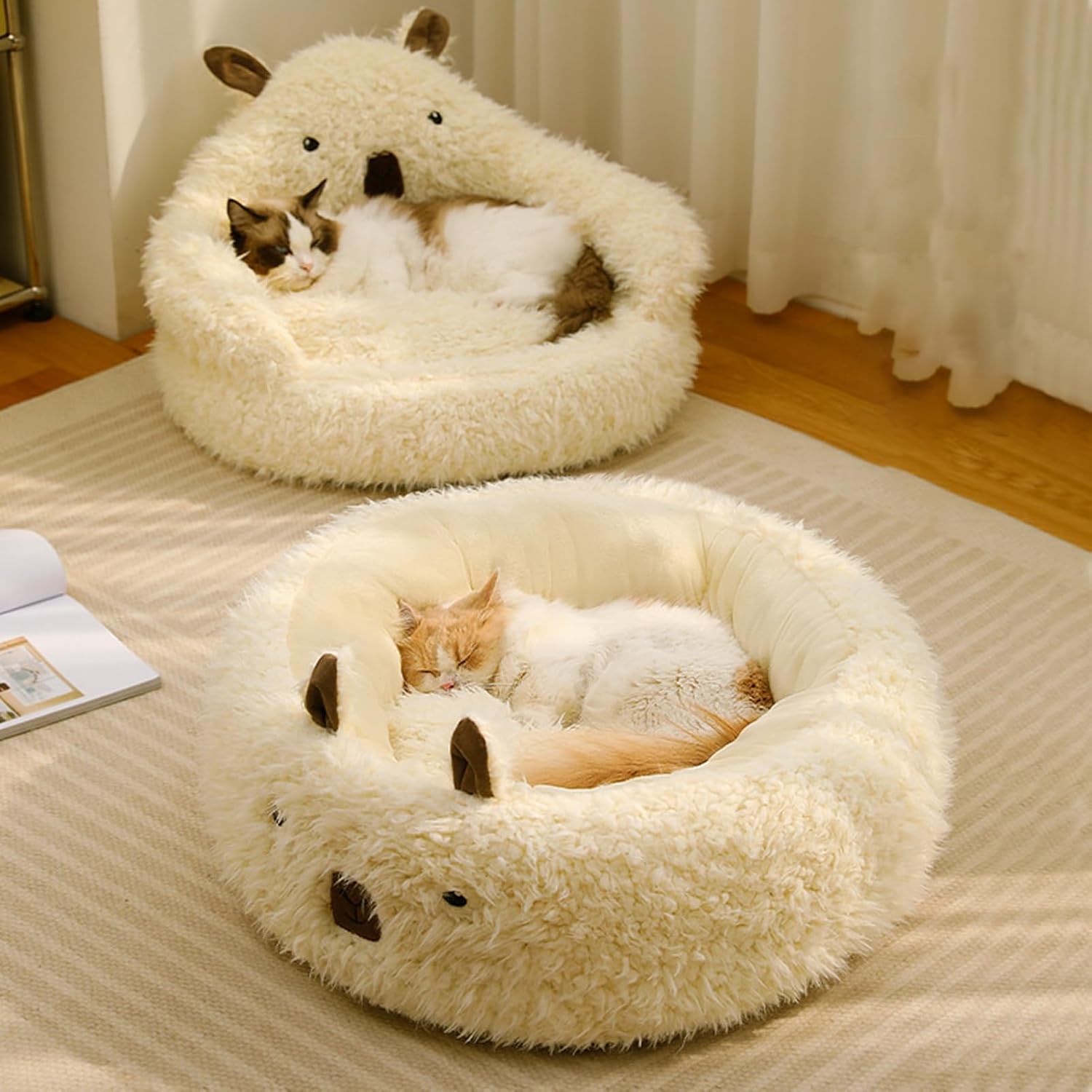 Alpaca Calming Pet Bed Plush Nest with Detachable Pad Non-Slip