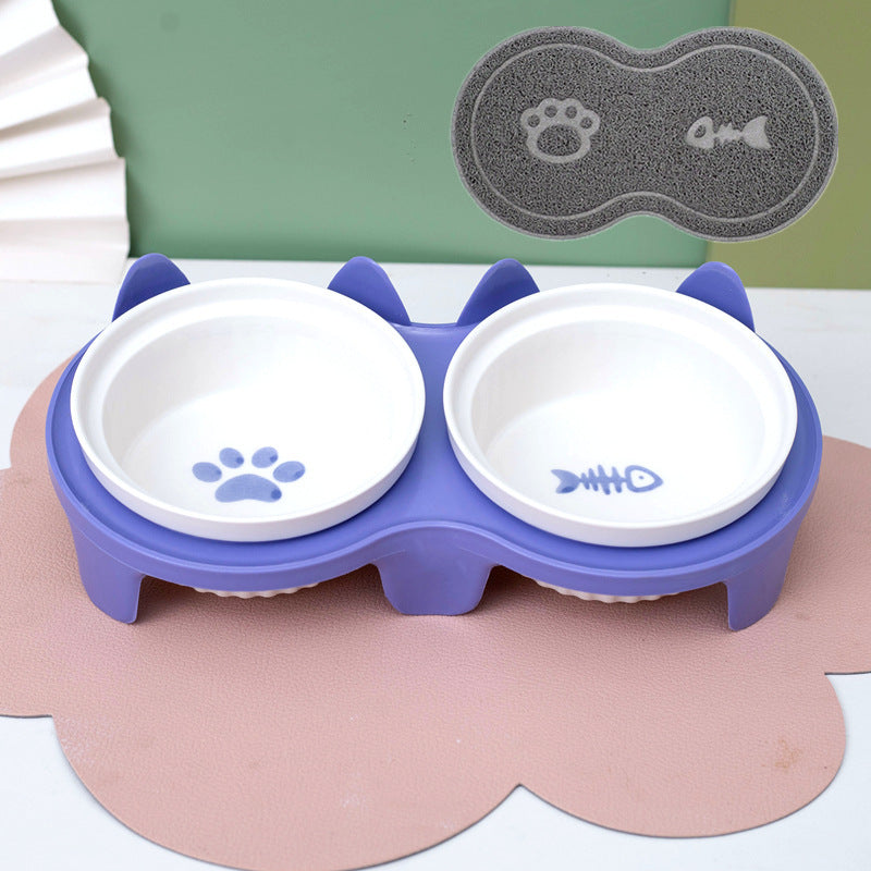 Ceramic Double Pet Bowl Tall Slanted Water And Food Dish