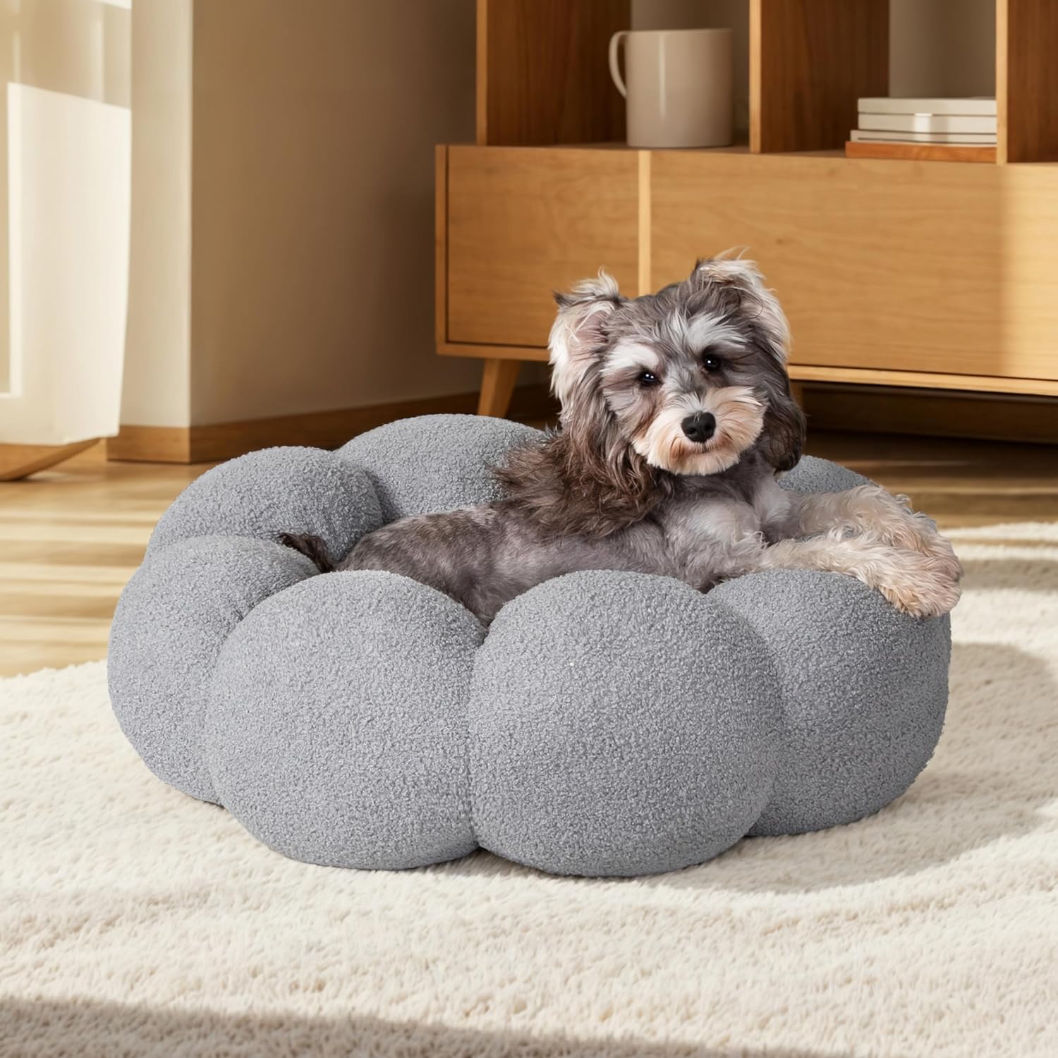 Calming Fluffy Round Donut Pet Bed Plush Cuddler Non-Slip