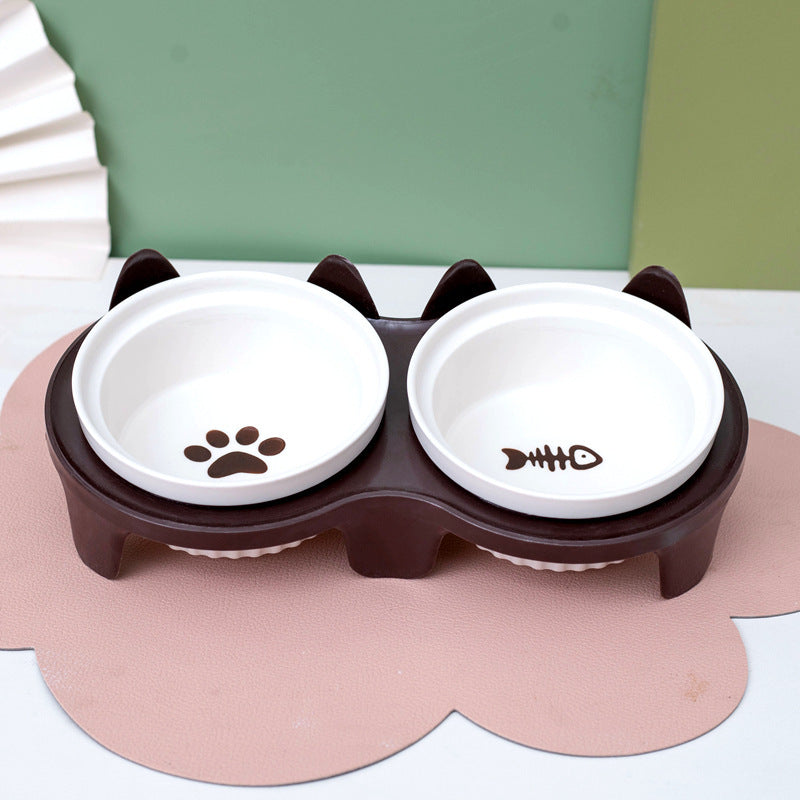 Ceramic Double Pet Bowl Tall Slanted Water And Food Dish