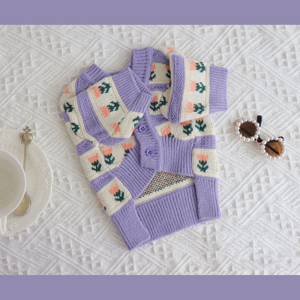Retro Purple Flower Pet Sweater Knitted Autumn Winter Outfit