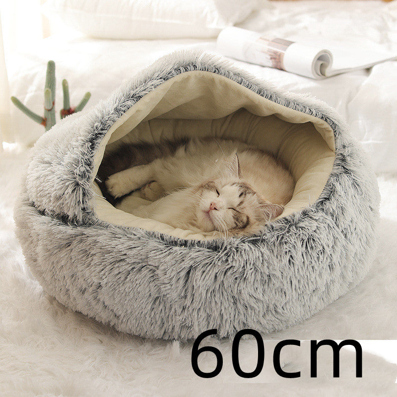 2-in-1 Pet Winter Bed Round Plush Soft Cozy Nest