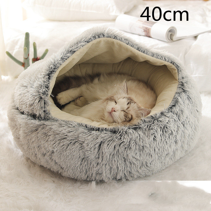2-in-1 Pet Winter Bed Round Plush Soft Cozy Nest