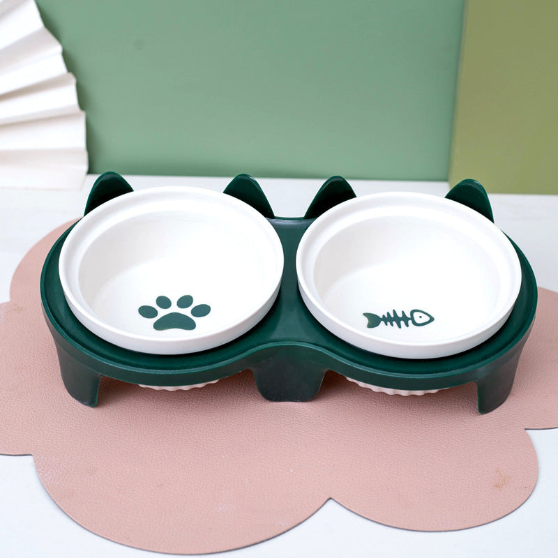 Ceramic Double Pet Bowl Tall Slanted Water And Food Dish