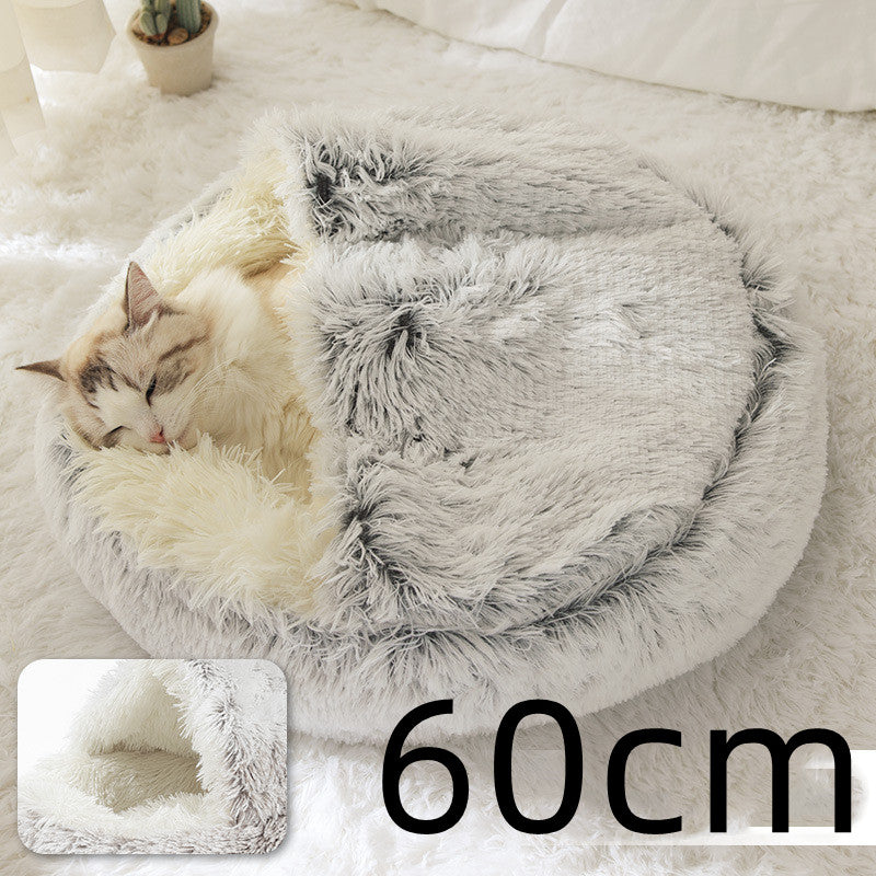 2-in-1 Pet Winter Bed Round Plush Soft Cozy Nest