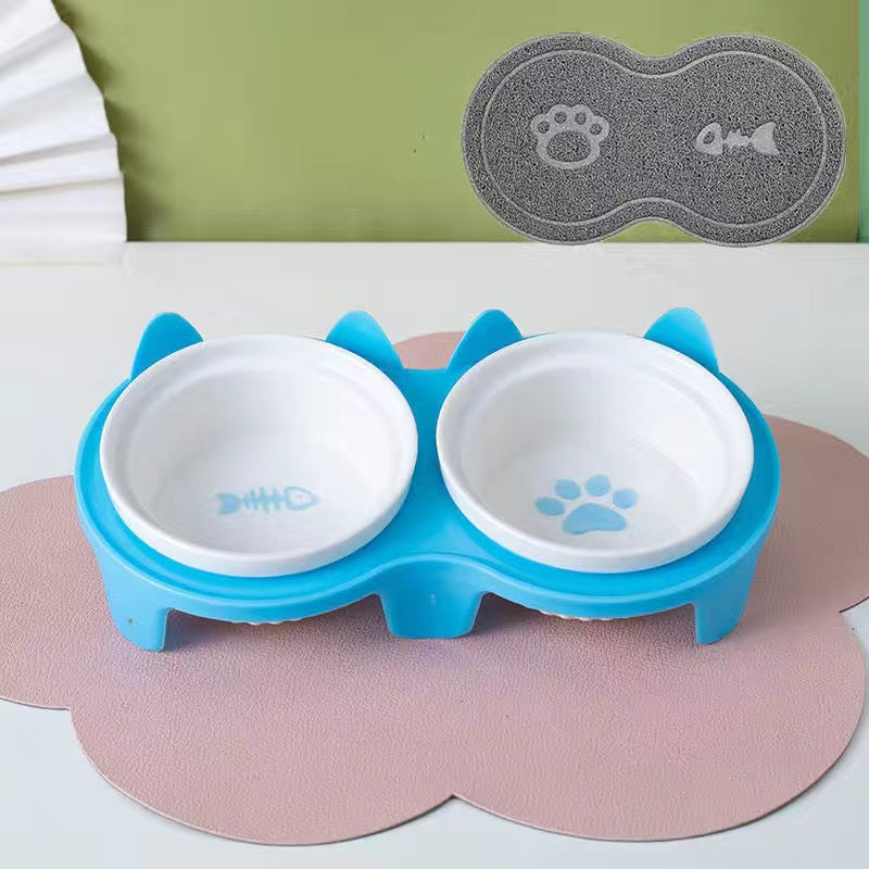 Ceramic Double Pet Bowl Tall Slanted Water And Food Dish
