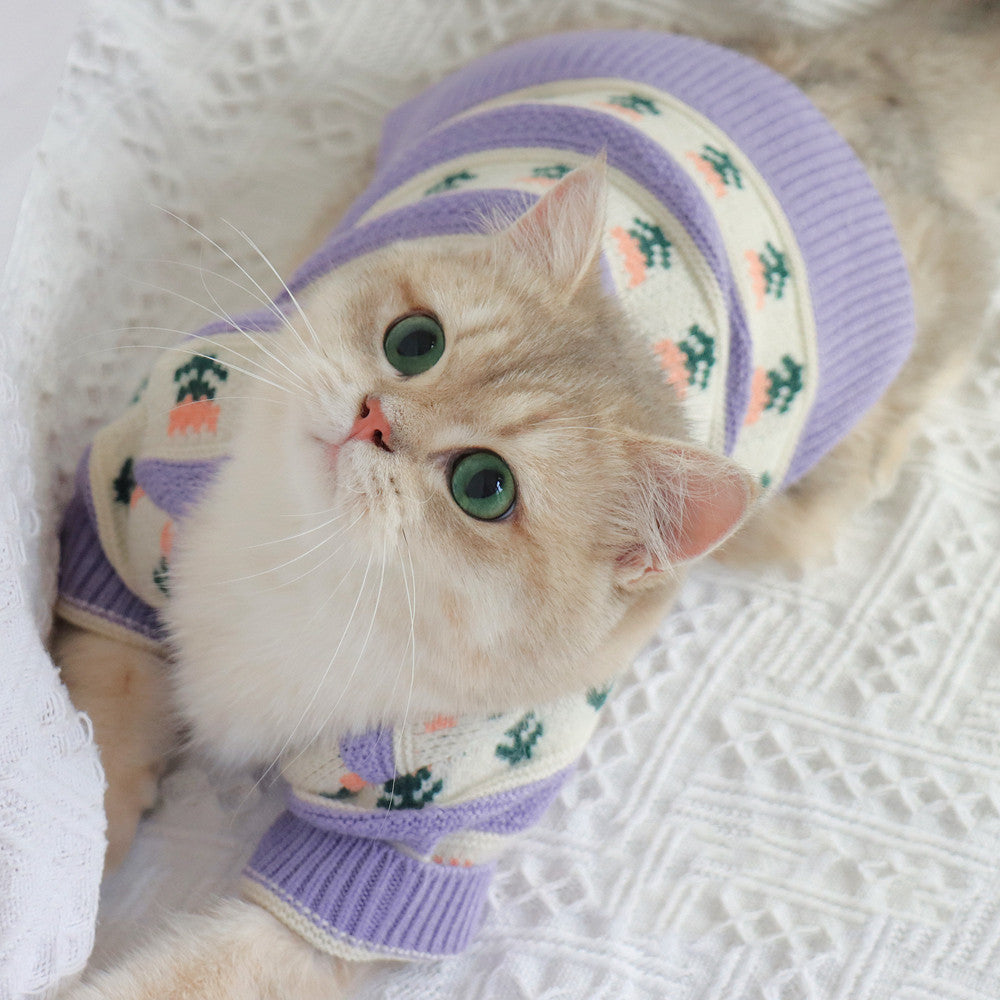 Retro Purple Flower Pet Sweater Knitted Autumn Winter Outfit