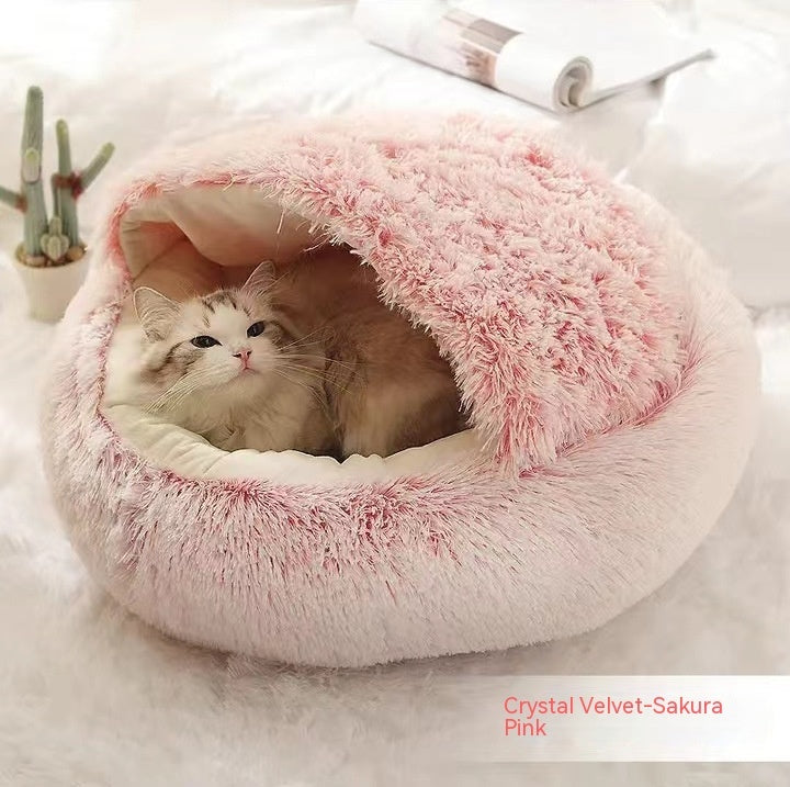 2-in-1 Pet Winter Bed Round Plush Soft Cozy Nest