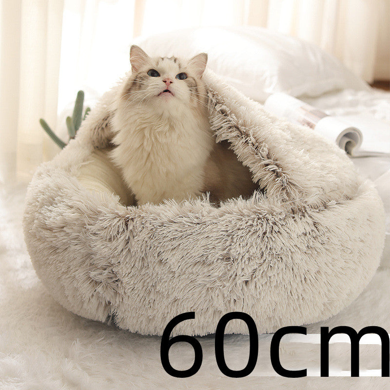 2-in-1 Pet Winter Bed Round Plush Soft Cozy Nest