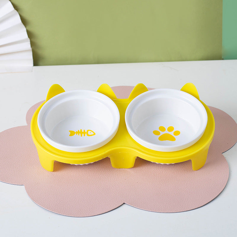 Ceramic Double Pet Bowl Tall Slanted Water And Food Dish