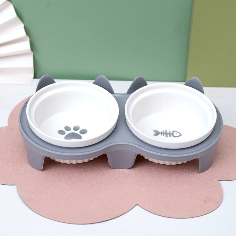 Ceramic Double Pet Bowl Tall Slanted Water And Food Dish