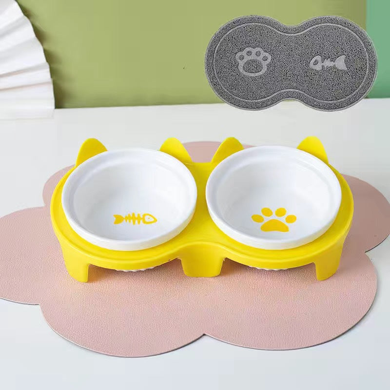 Ceramic Double Pet Bowl Tall Slanted Water And Food Dish