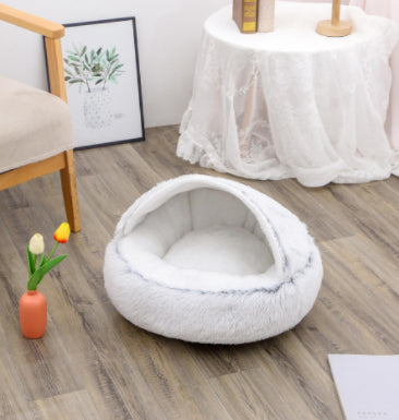 2-in-1 Pet Winter Bed Round Plush Soft Cozy Nest