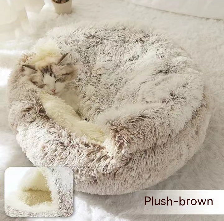 2-in-1 Pet Winter Bed Round Plush Soft Cozy Nest