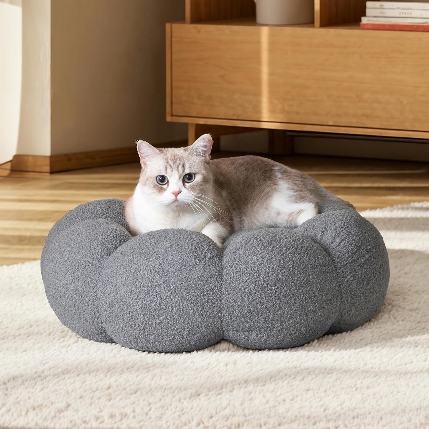 Calming Fluffy Round Donut Pet Bed Plush Cuddler Non-Slip