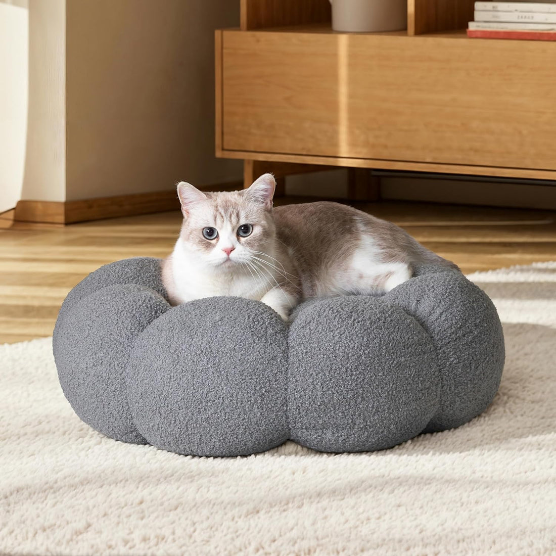 Calming Fluffy Round Donut Pet Bed Plush Cuddler Non-Slip